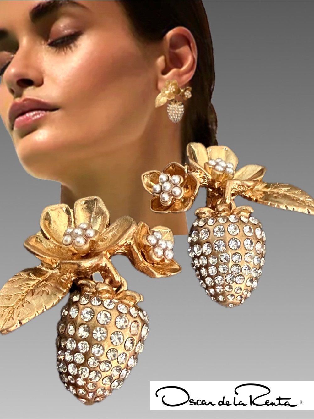 Oscar de la Renta Earrings Gold Crystal Strawberry Blossom Drop Earrings Clip-On